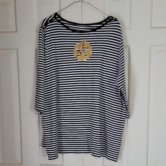 Striped Nautical Top with Gold Sequin Sand Dollar Emblem womens 3x - Picture 1 of 9